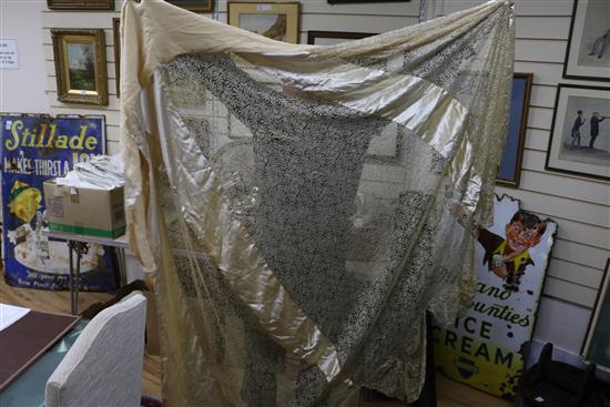 Two ornate babys 19th century christening capes, a silk and lace wedding train, waxed headdress and veil